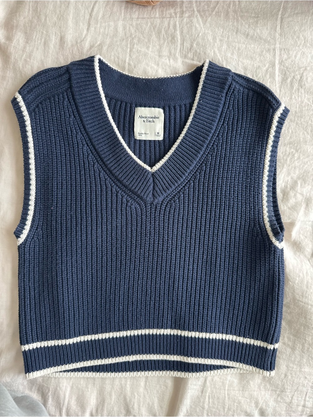 Abercrombie & Fitch Navy V-Neck Knit Sweater Vest with White Stripe Trim